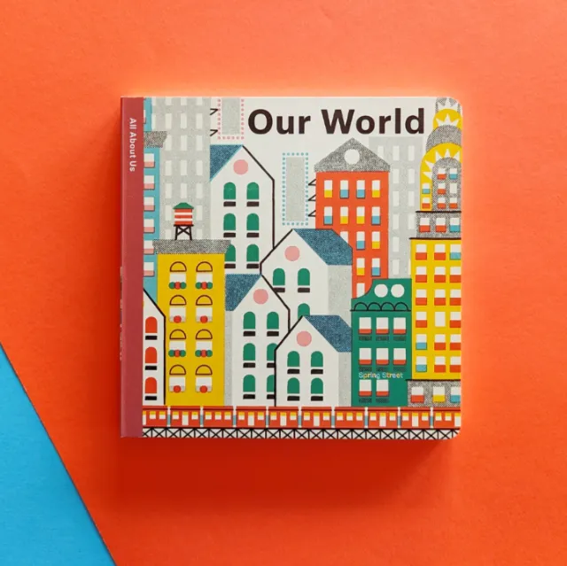 Book cover of Our World with colorful buildings illustration