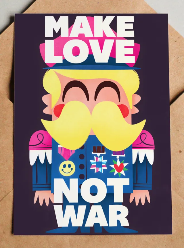 Illustration of a soldier with yellow mustache and 'Make Love Not War' text.