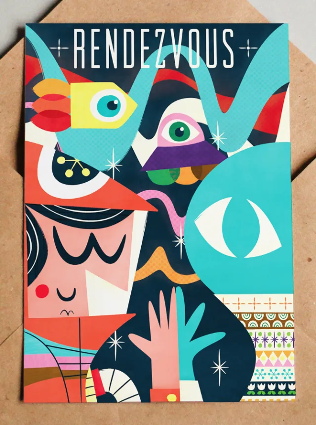 Abstract art featuring eyes and geometric colorful shapes
