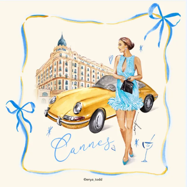 Woman in blue dress near vintage yellow car in Cannes