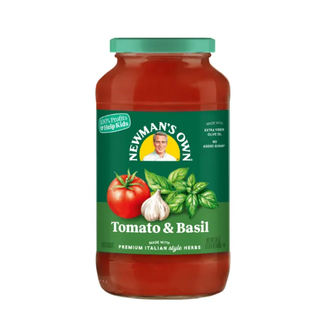 Jar of Newman's Own Tomato & Basil pasta sauce with label showing tomato, garlic, basil