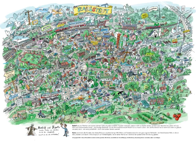 Detailed illustrated map showing landmarks and streets of Kraljevi town