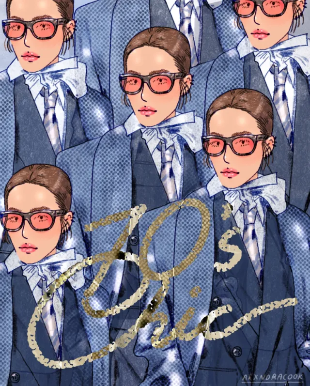 Women in blue suits wearing red glasses with 80s chic graphic