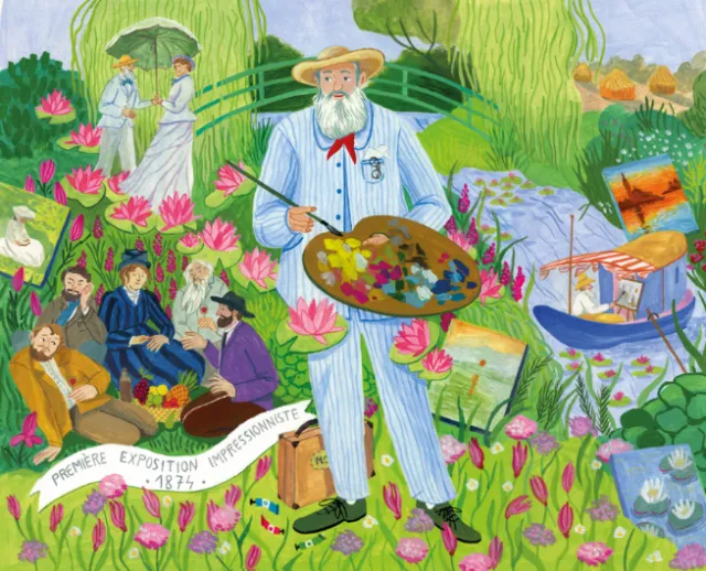 Illustration of Monet painting amid water lilies with scenes from Impressionist exhibition