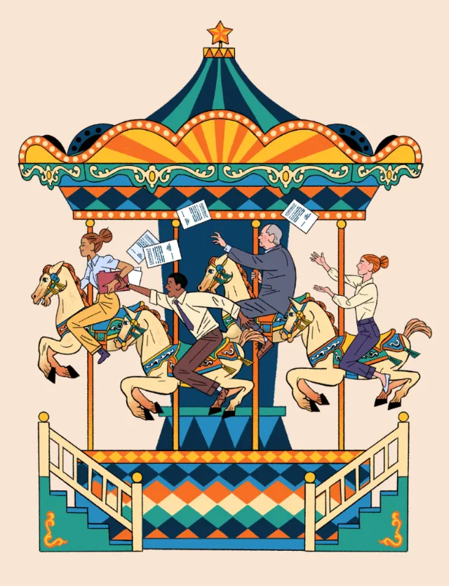 Illustrated carousel scene in comic theme for housing publication