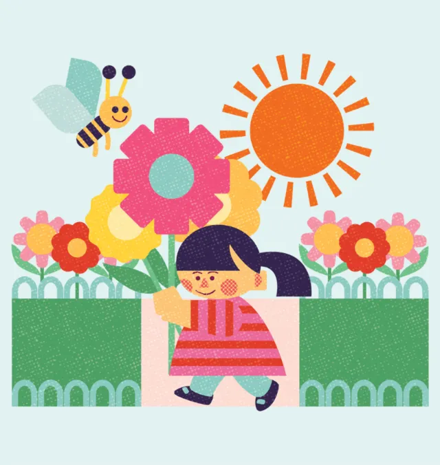 Girl in striped dress holding flowers under sun with a bee nearby