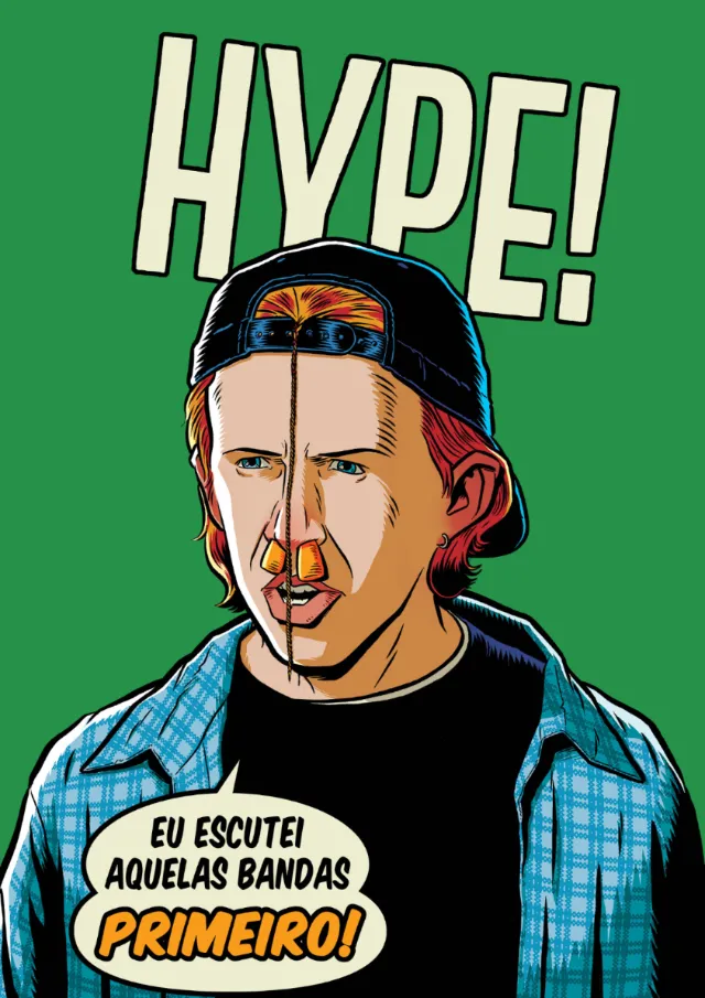 Split illustration of young man with cap and hype text on green background