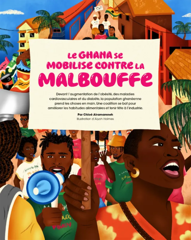 Illustration of a protest march in Ghana against junk food