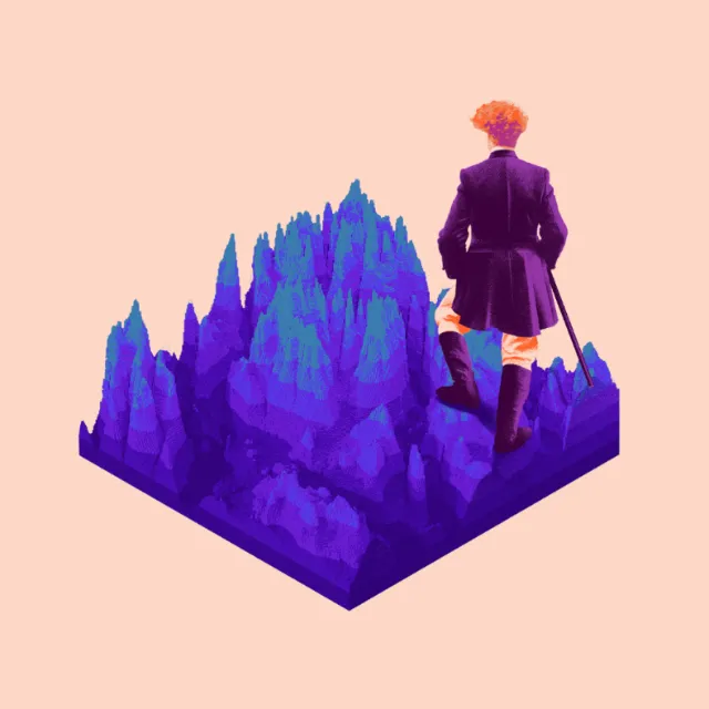Surreal image of man in vintage clothes on purple mountains by Andrei Nicolescu