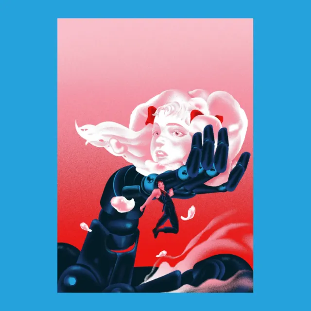 Surreal image of a white head and black robotic hand on red background