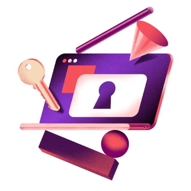 Laptop with lock icon, key, and cone representing digital security