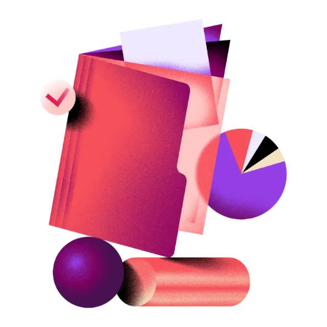Red folder with papers and pie chart in abstract style