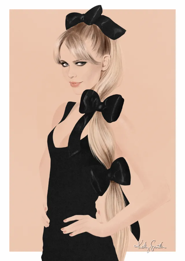 Woman with long blonde hair adorned with black bows in a black dress