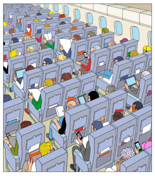 Passengers sitting in airplane seats doing different activities