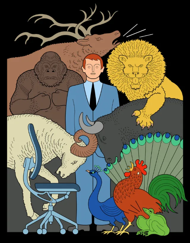 Illustration of man with Chinese zodiac animals around him