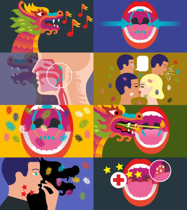 Illustrations of virus spread and protection in the mouth and respiratory system