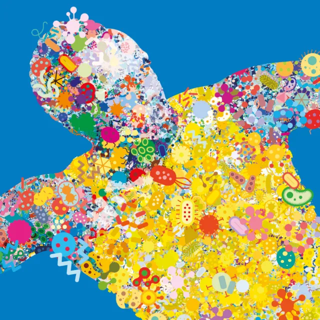 Human shape composed of colorful microscopic organisms and bacteria illustrations