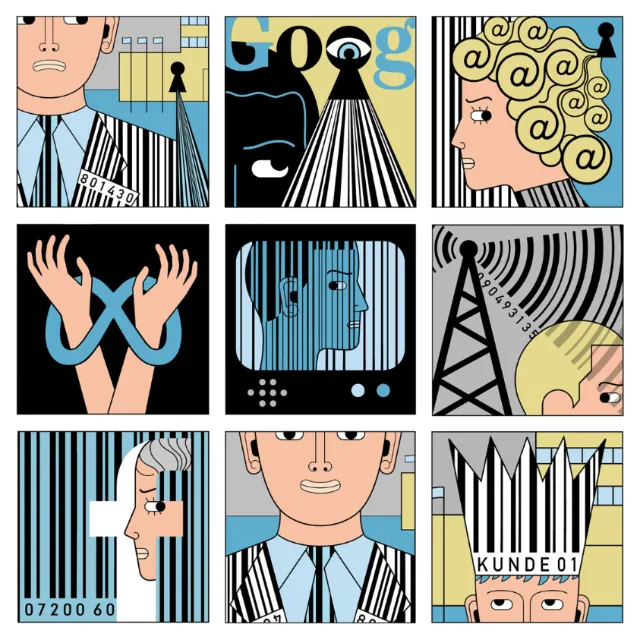 Illustrations of people with barcodes, eyes, and digital tracking symbols