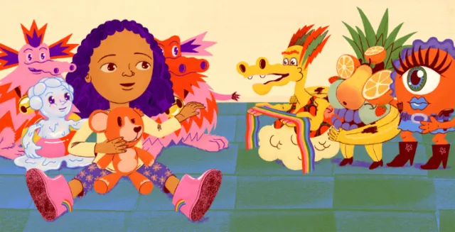 Mia holding teddy bear surrounded by colorful imaginary creatures by Zansky