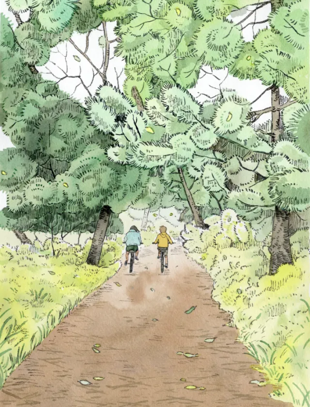 Cyclist on rural road surrounded by nature