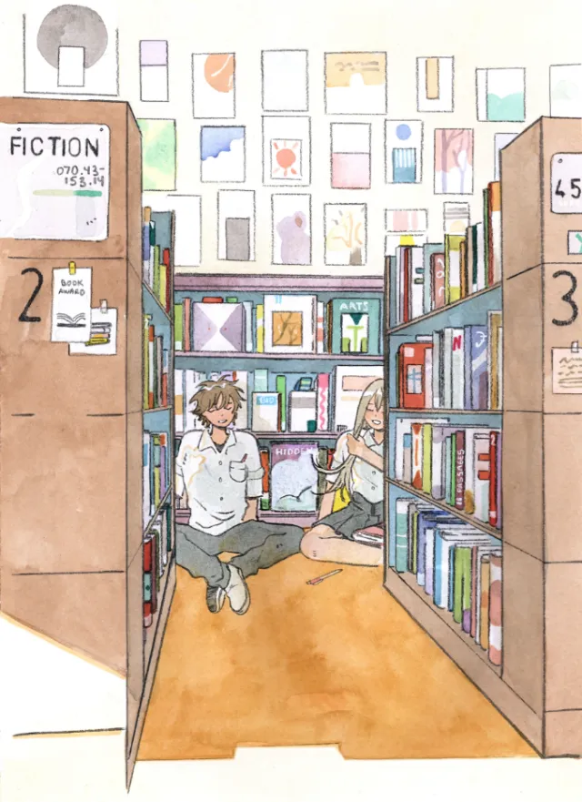 Romantic library date illustration