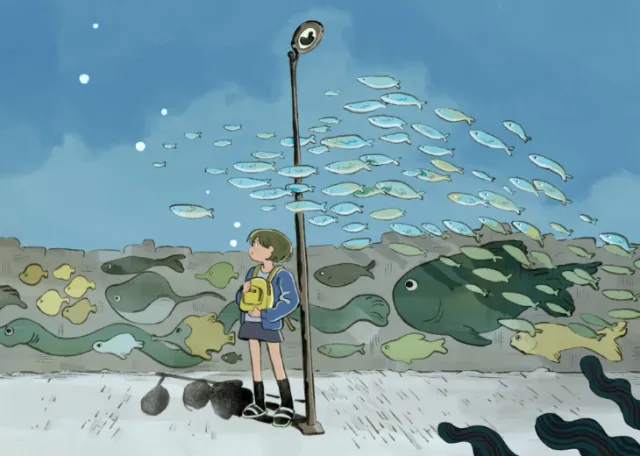 An anime-style illustration of an underwater stop