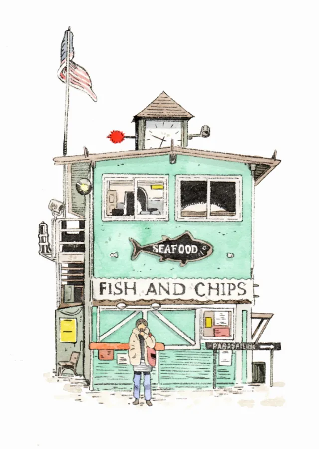 Watercolor seafood store with fish and chips