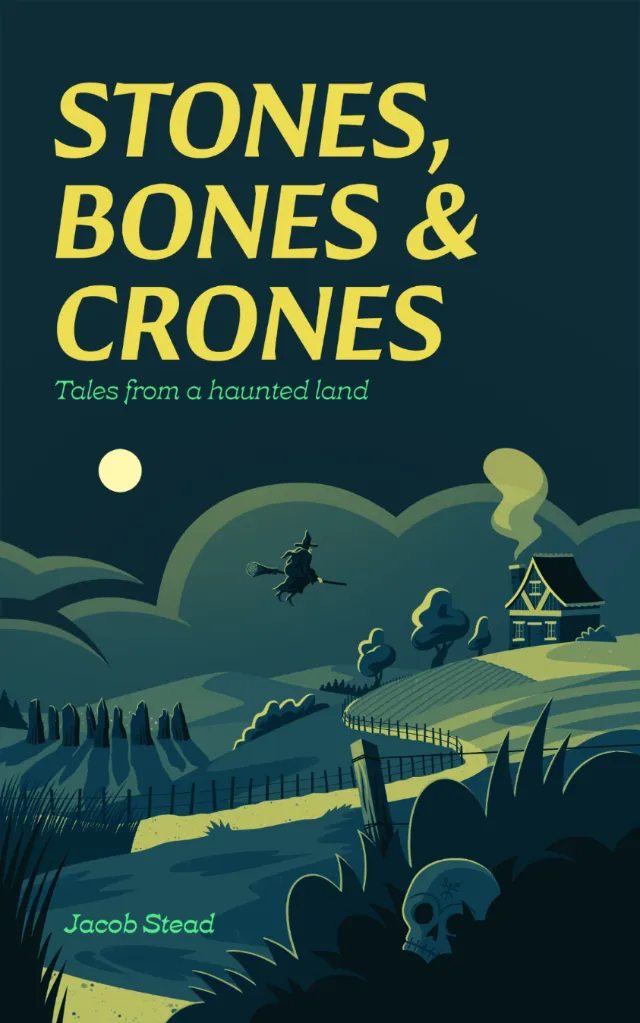 Eerie book cover with moonlit haunted landscape and spooky elements