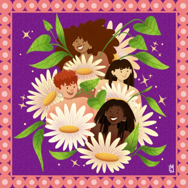 Four diverse women with large daisies and green leaves on purple background