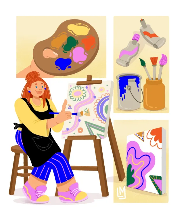 Illustration by Lhaiza Morena of a woman painting a colorful floral canvas