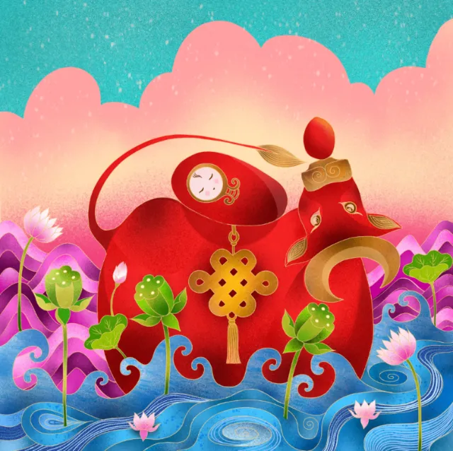 Red Chinese teapot with lotus flowers and water waves illustration