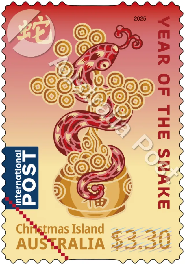 2025 Australia Year of the Snake postage stamp with red snake and gold coins