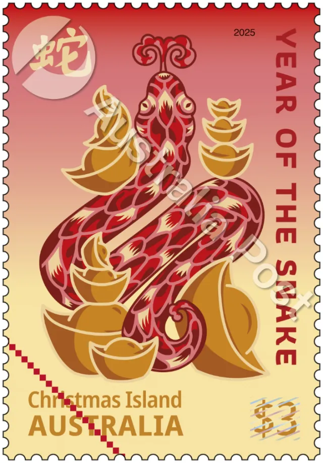 Red snake surrounded by gold coins on a Year of the Snake stamp