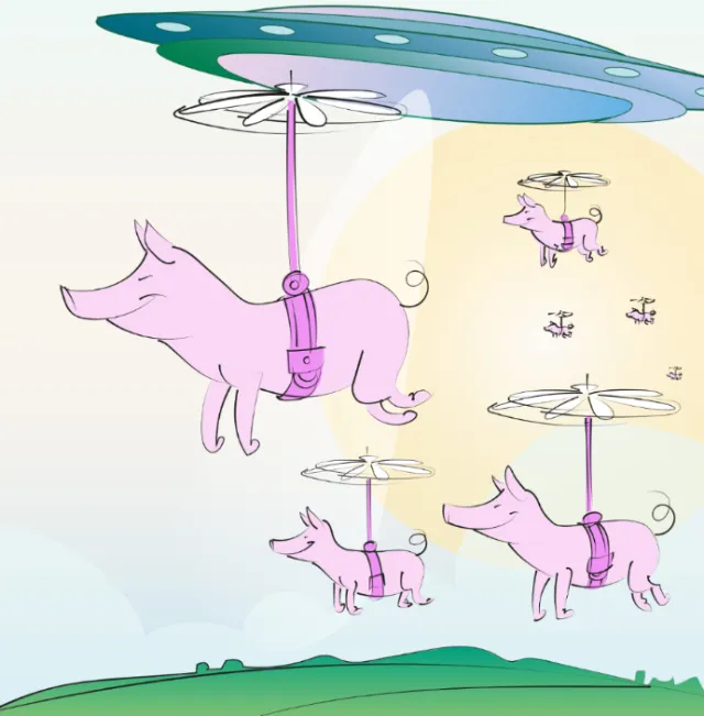 Pink pigs flying using helicopter propellers attached to their backs