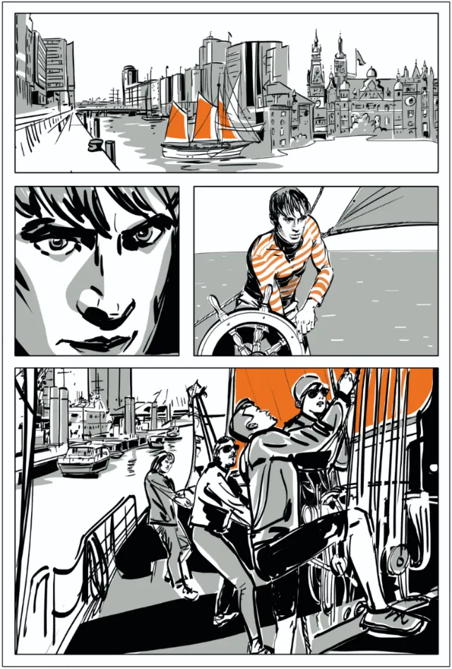 Comic panels showing sailing and city waterfront with people on a boat