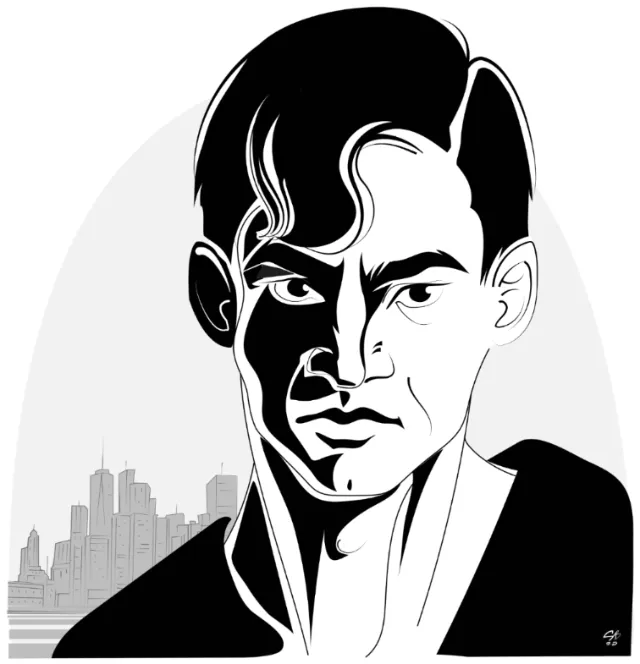 Black and white stylized portrait of a man with cityscape background by Silke Bachmann