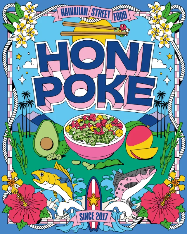 Honi Poke Hawaiian poke bowl label design