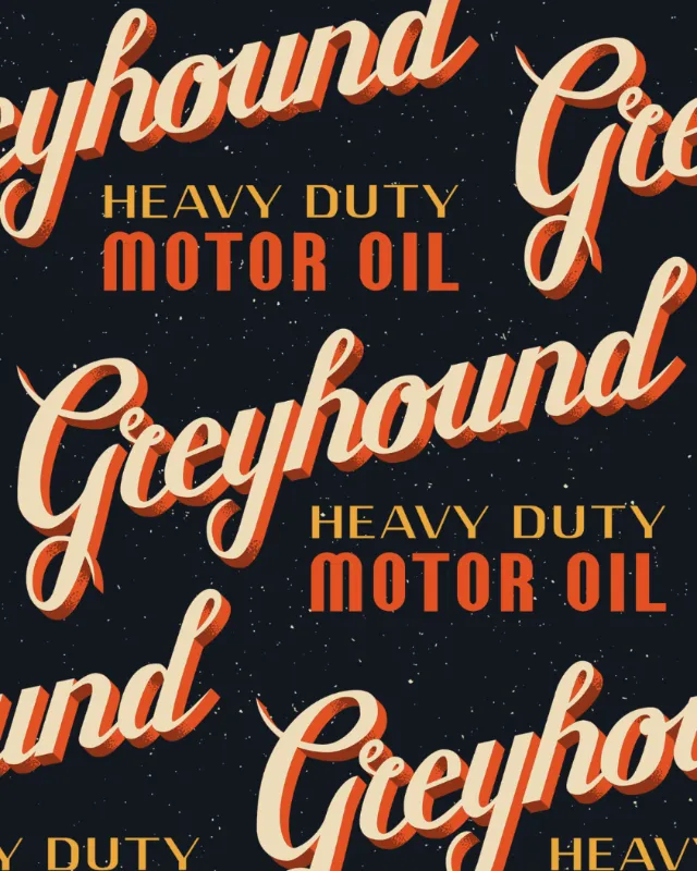 Vintage Greyhound Motor Oil heavy duty lettering pattern