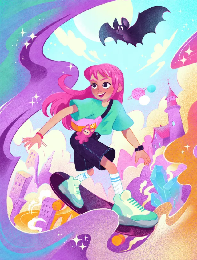 Whimsical cityscape with skateboarding girl