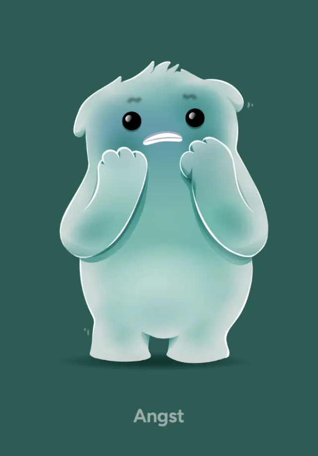 Blue cartoon monster looking anxious with hands near mouth