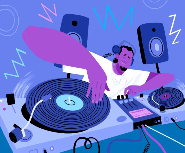 DJ wearing headphones spinning records on turntables with speakers