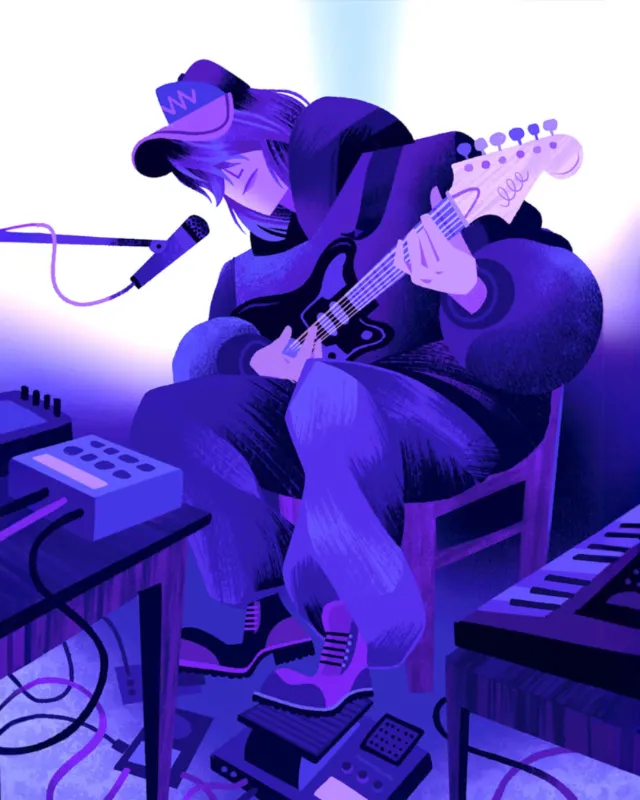 Illustration of musician playing electric guitar with musical gear and colorful lighting