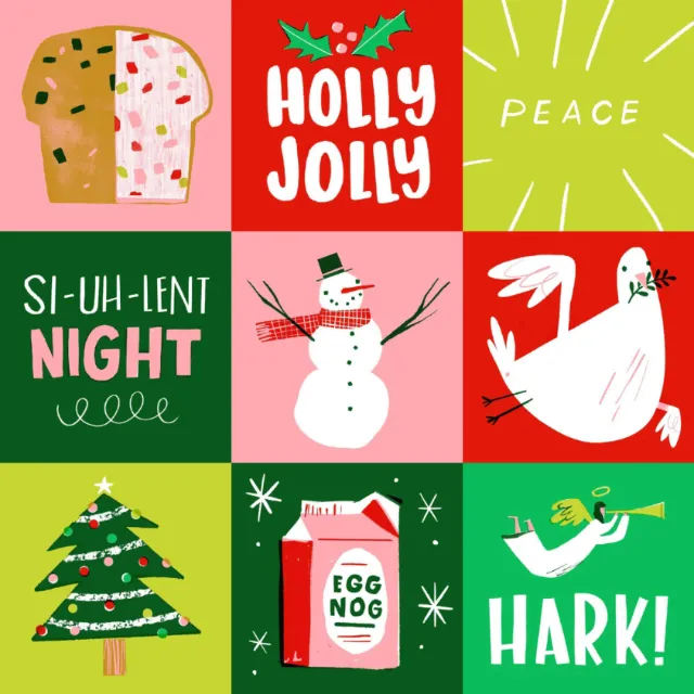 Holiday icons including bread, holly, peace, snowman, dove, tree, eggnog, angel