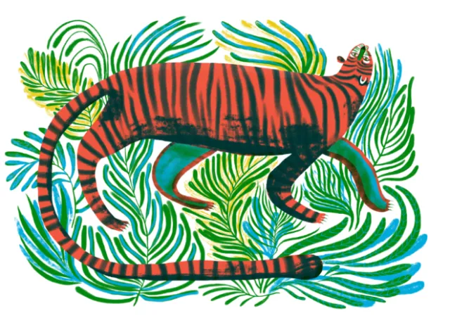 Illustration of a tiger surrounded by green foliage
