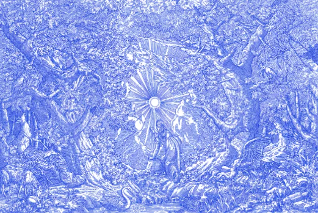 Blue and white modern toile fabric detailed design by Studio Duco