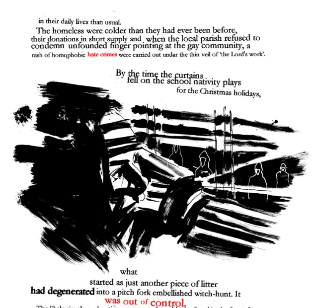 Black and white illustration of a homeless person by window with text, by Ben Tallon