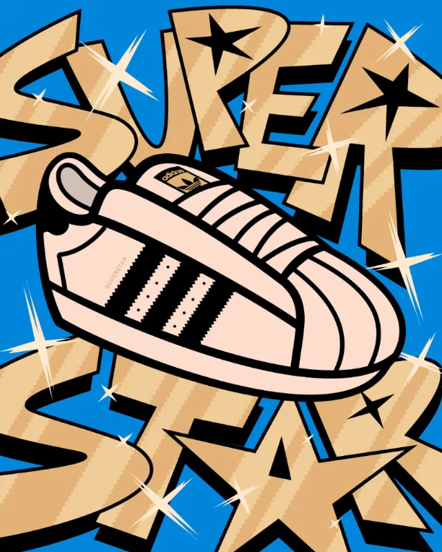 Cartoon sneaker with graffiti text and star shapes on blue background