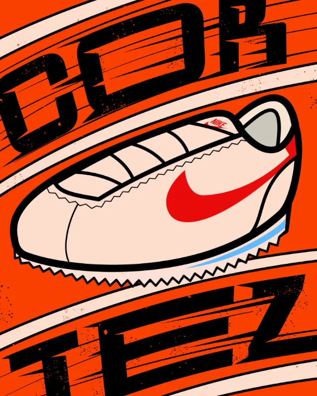Nike Cortez sneaker illustration with red swoosh on orange background