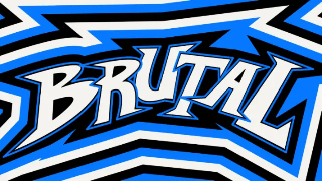 Graffiti-style text 'BRUTAL' in bold blue and black design