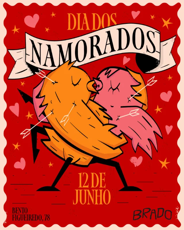 Two cartoon birds kissing for Dia dos Namorados on June 12